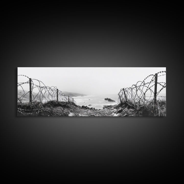 Barbed Coast, Foggy Beach, War Fence, Ocean Boundary, Framed Canvas Print, Industrial Wall Art, Living Room Decor, Black and White Art