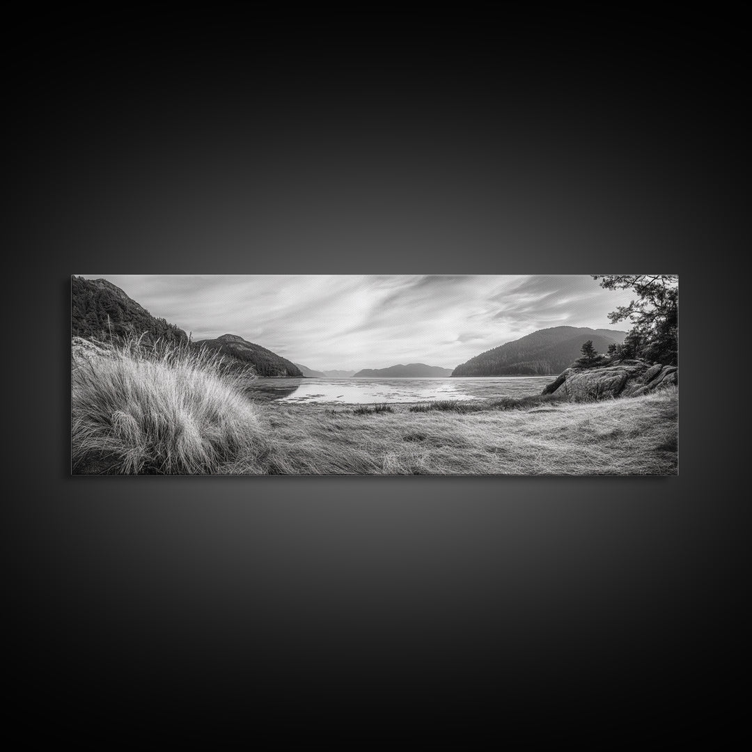 Mountain Lake Calm, Tranquil Nature Reflection, Forest Valley Art, Framed Canvas Print, Minimalist Wall Decor, Serene Landscape Print