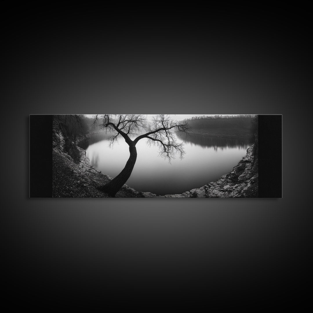 Curved Tree, Still Lake, Moody Landscape, Framed Canvas Print, Modern Nature Photography, Fall Home Decor, Living Room Art