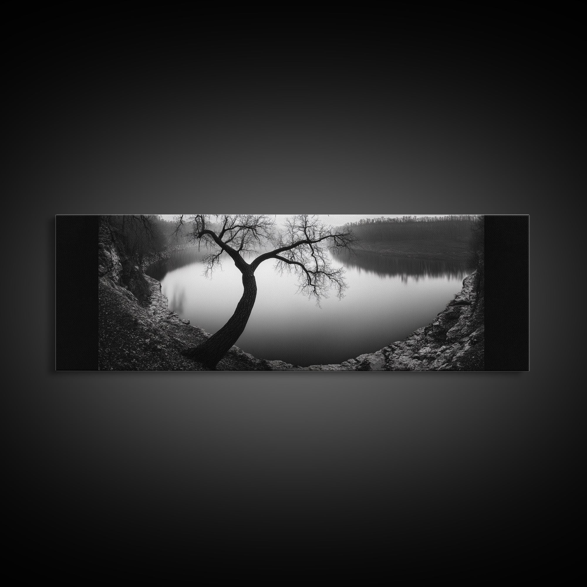 Curved Tree, Still Lake, Moody Landscape, Framed Canvas Print, Modern Nature Photography, Fall Home Decor, Living Room Art
