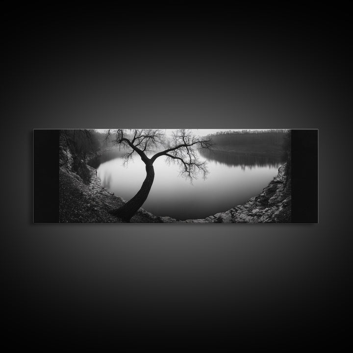Curved Tree, Still Lake, Moody Landscape, Framed Canvas Print, Modern Nature Photography, Fall Home Decor, Living Room Art