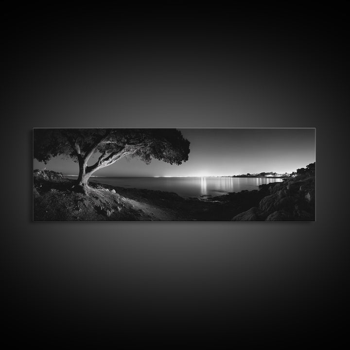 Coastal Night, Tree Silhouette, City Horizon, Framed Canvas Print, Moody Landscape Art, Modern Living Room Wall Decor