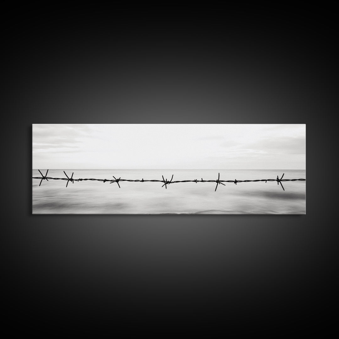 Barbed Wire, Ocean Horizon, Minimal Seascape, Stark Contrast, Framed Canvas Print, Modern Office Art, Minimalist Style, Black and White Art