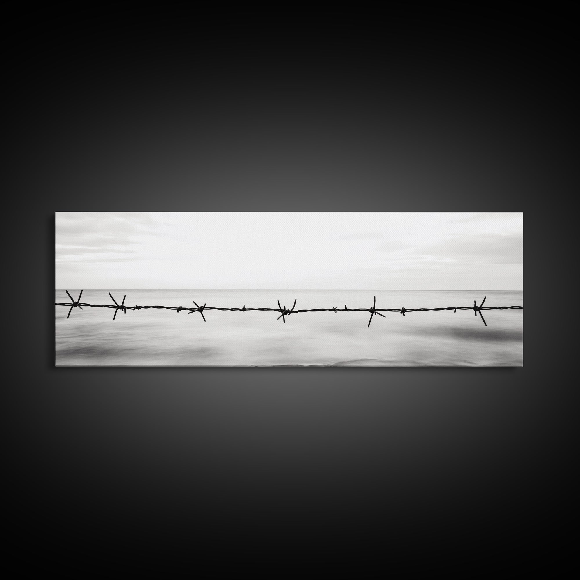 Barbed Wire, Ocean Horizon, Minimal Seascape, Stark Contrast, Framed Canvas Print, Modern Office Art, Minimalist Style, Black and White Art