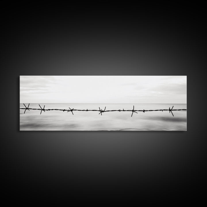 Barbed Wire, Ocean Horizon, Minimal Seascape, Stark Contrast, Framed Canvas Print, Modern Office Art, Minimalist Style, Black and White Art
