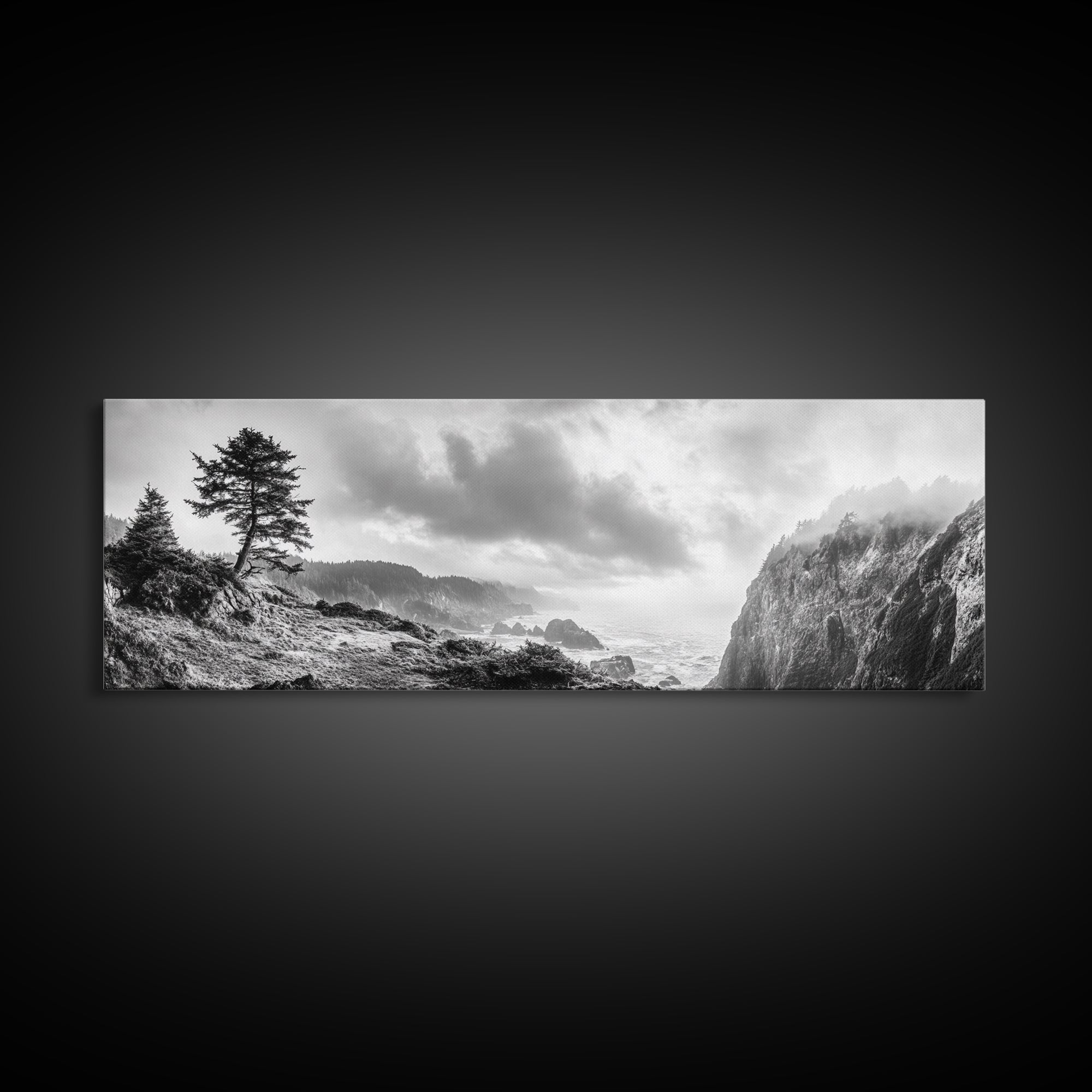 Ocean Cliff, Pine Trees, Foggy Coast, Canvas Print, Dramatic Nature Wall Art, Rustic Cabin Decor, Black and White Landscape