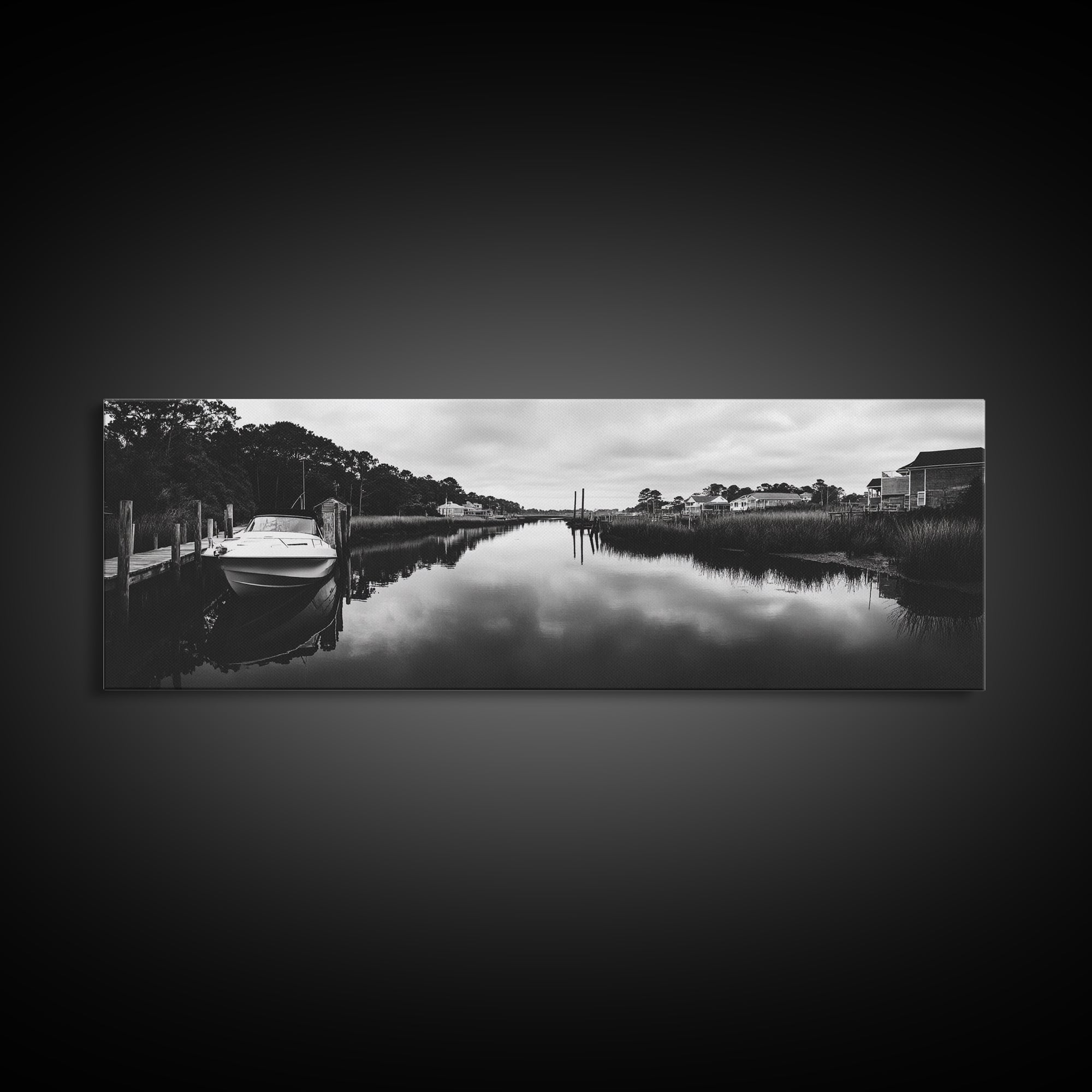 Boat Dock, Quiet Bay, Marina Reflections, Framed Canvas Print, Nautical Wall Art, Lakehouse Decor, Minimalist Coastal Vibes, Black White Art