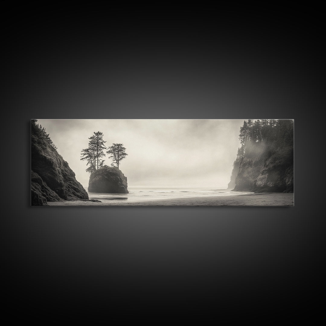Foggy Beach, Coastal Pines, Ocean Cliffside, Nature Escape, Framed Canvas Print, Moody Wall Art, Living Room Decor, Pacific Northwest Style