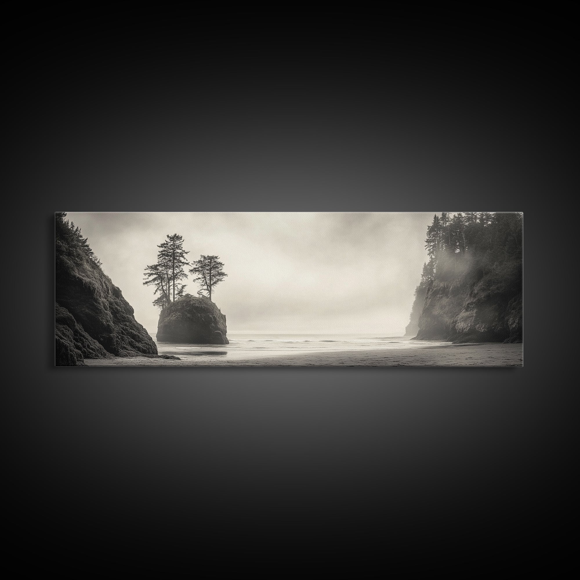 Foggy Beach, Coastal Pines, Ocean Cliffside, Nature Escape, Framed Canvas Print, Moody Wall Art, Living Room Decor, Pacific Northwest Style