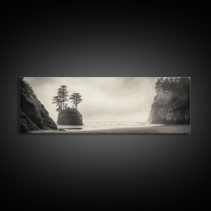 Foggy Beach, Coastal Pines, Ocean Cliffside, Nature Escape, Framed Canvas Print, Moody Wall Art, Living Room Decor, Pacific Northwest Style