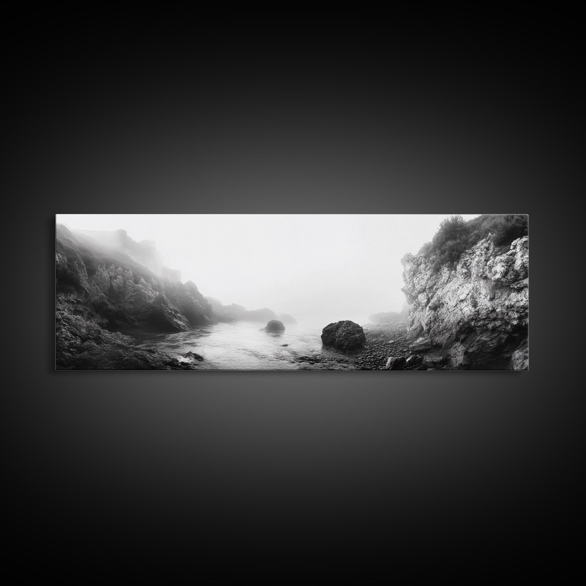 Rocky Cove, Coastal Mist, Foggy Morning, Cliffside Ocean, Canvas Print, Monochrome Wall Art, Bathroom Art, Minimalist Photography