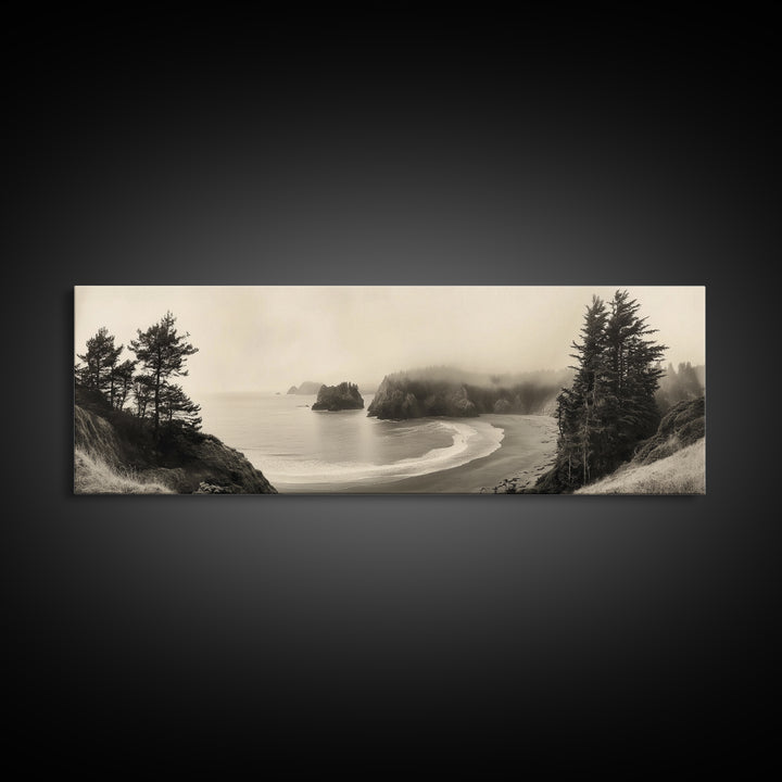 Misty Bay, Forested Coast, Moody Landscape, Serene Shoreline, Framed Canvas Print, Coastal Wall Art, Bedroom Decor, Earthy Tones
