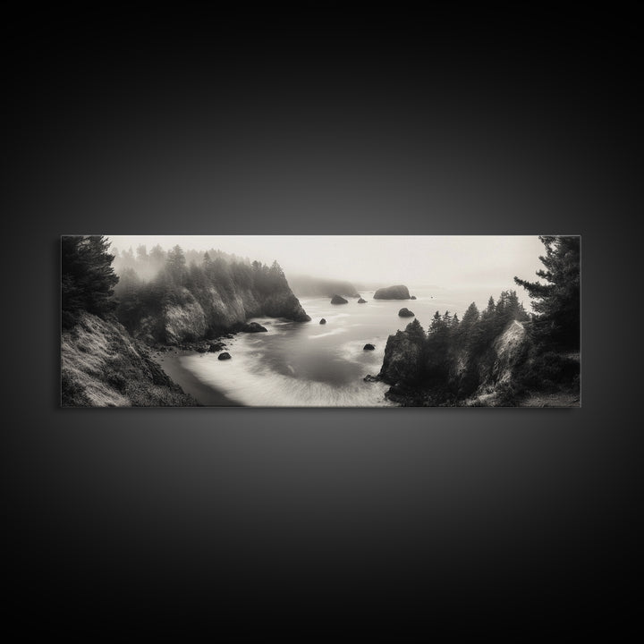 Ocean Rocks, Foggy Horizon, Coastal Cliffs, Dreamy Seascape, Canvas Print, Moody Nature Art, Living Room Wall Art, Coastal Minimalism