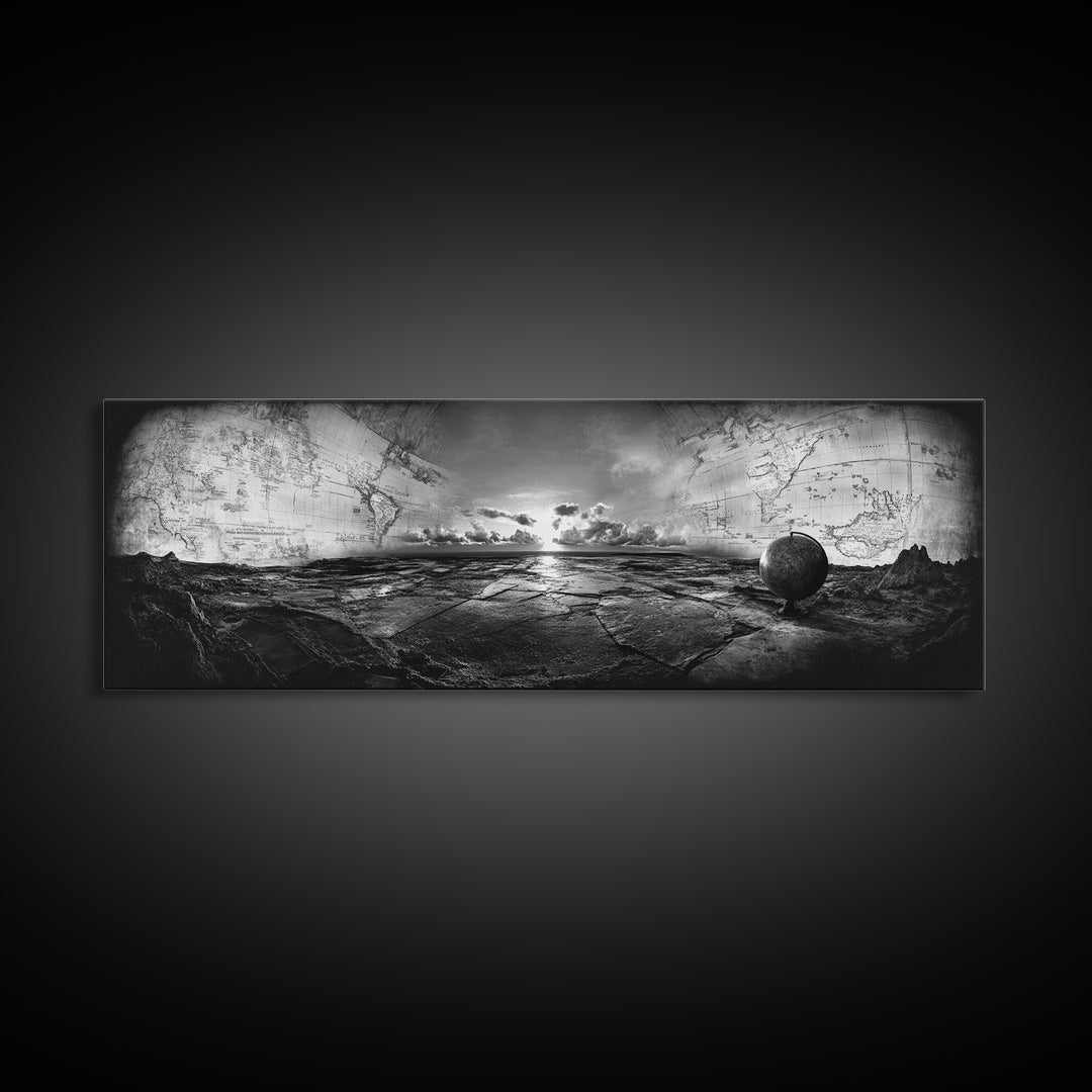 World Map, Globe Horizon, Explorer’s Dream, Canvas Print, Travel Wall Art, Surreal Photography, Study Room Adventure Decor