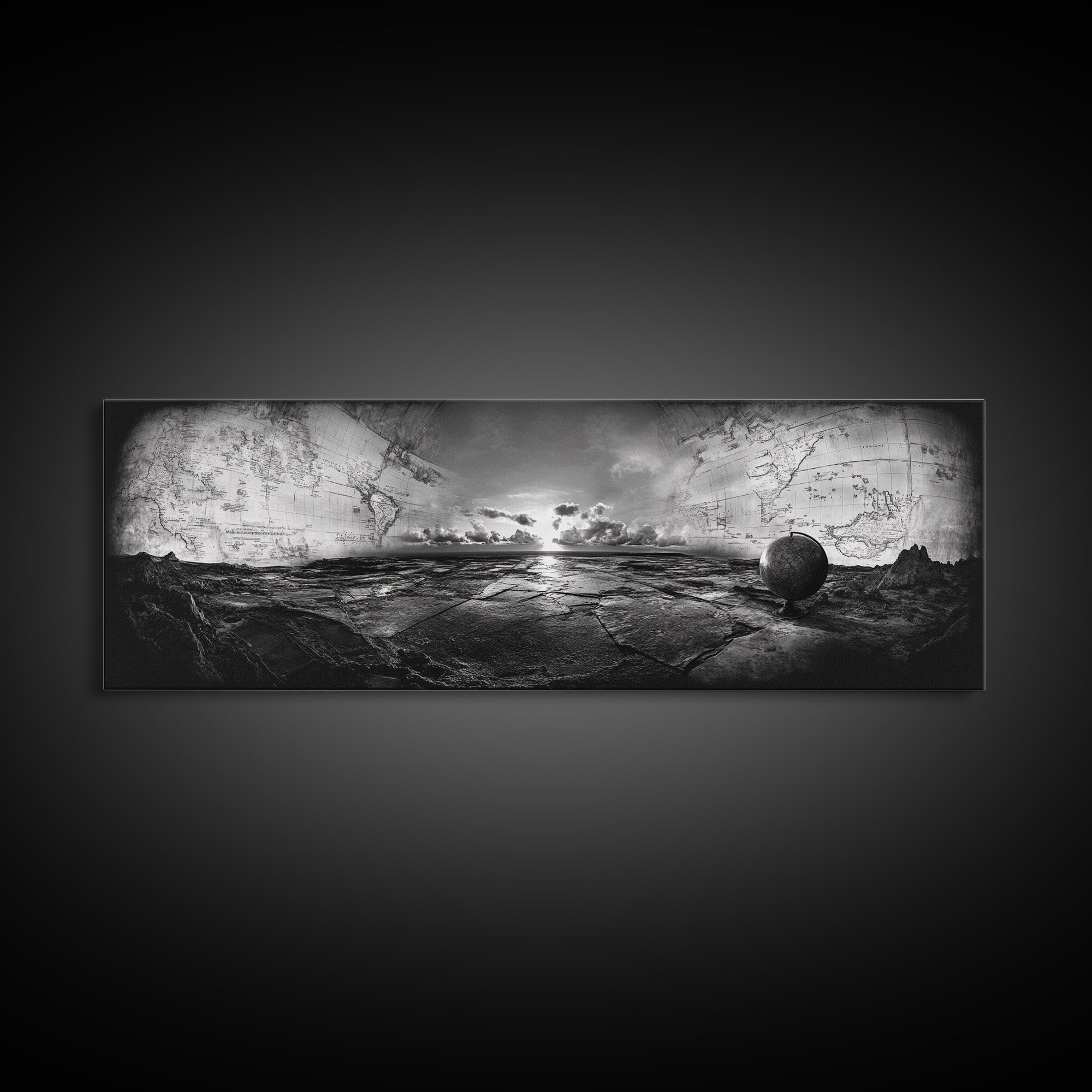 World Map, Globe Horizon, Explorer’s Dream, Canvas Print, Travel Wall Art, Surreal Photography, Study Room Adventure Decor