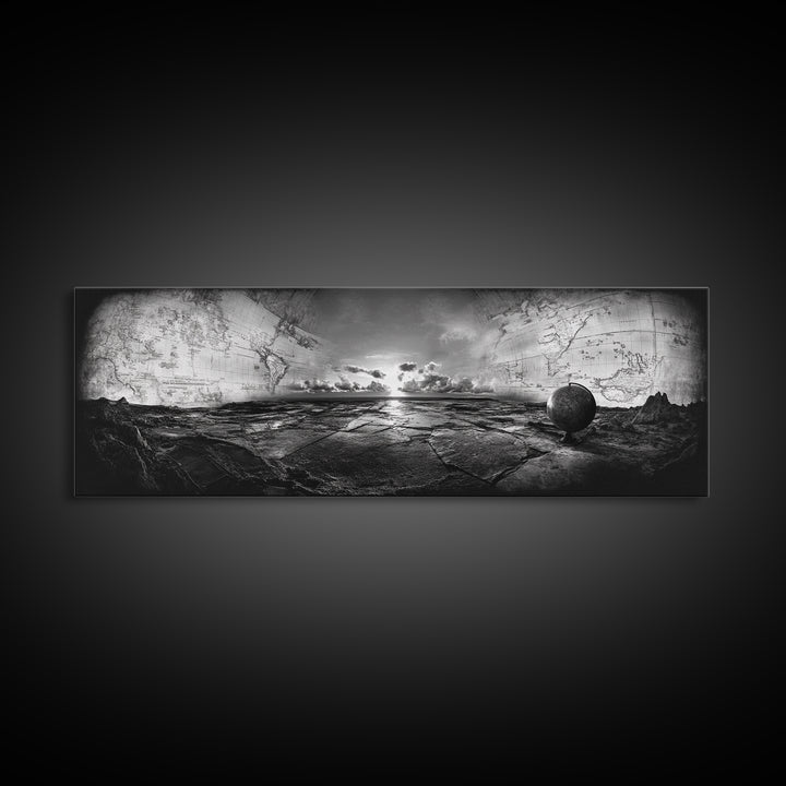 World Map, Globe Horizon, Explorer’s Dream, Canvas Print, Travel Wall Art, Surreal Photography, Study Room Adventure Decor
