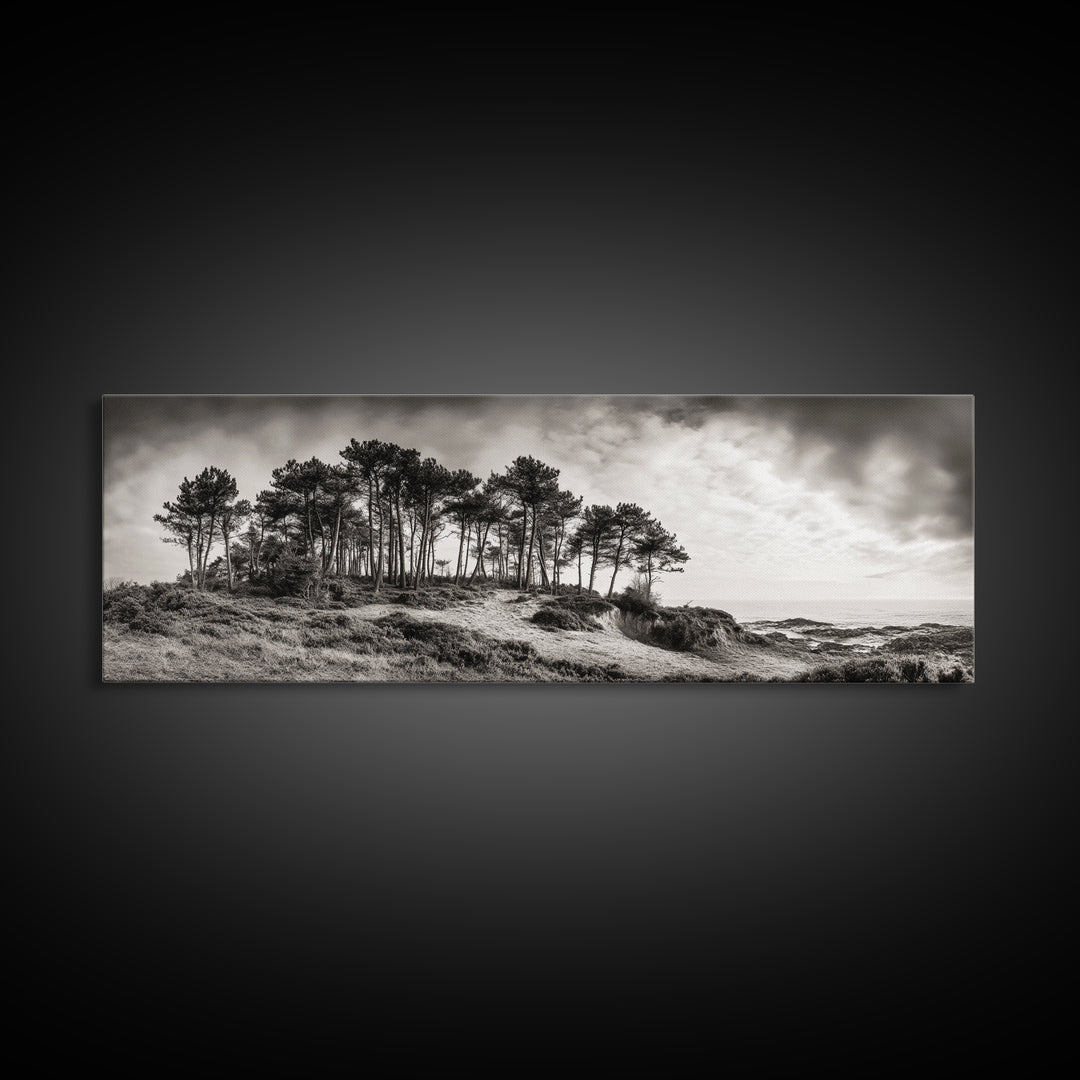 Coastal Pines, Ocean View, Windswept Trees, Framed Canvas Print, Minimalist Landscape Art, Neutral Tones, Entryway Wall Decor