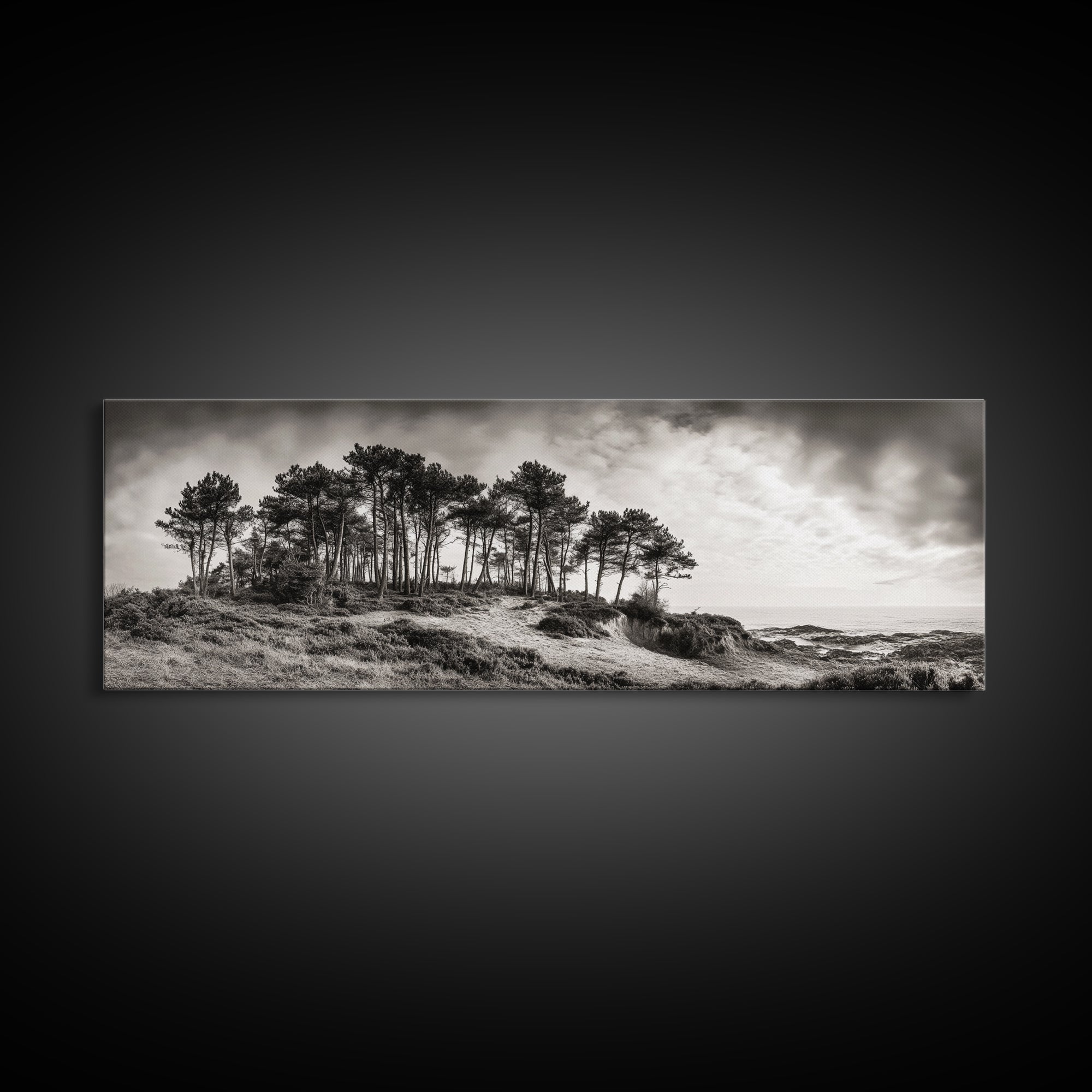 Coastal Pines, Ocean View, Windswept Trees, Framed Canvas Print, Minimalist Landscape Art, Neutral Tones, Entryway Wall Decor