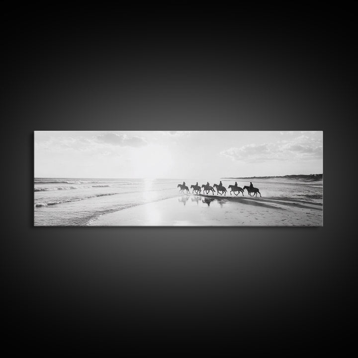 Beach Riders, Horseback Freedom, Seaside Journey, Canvas Print, Monochrome Wall Art, Coastal Living Room Decor, Nature Photography