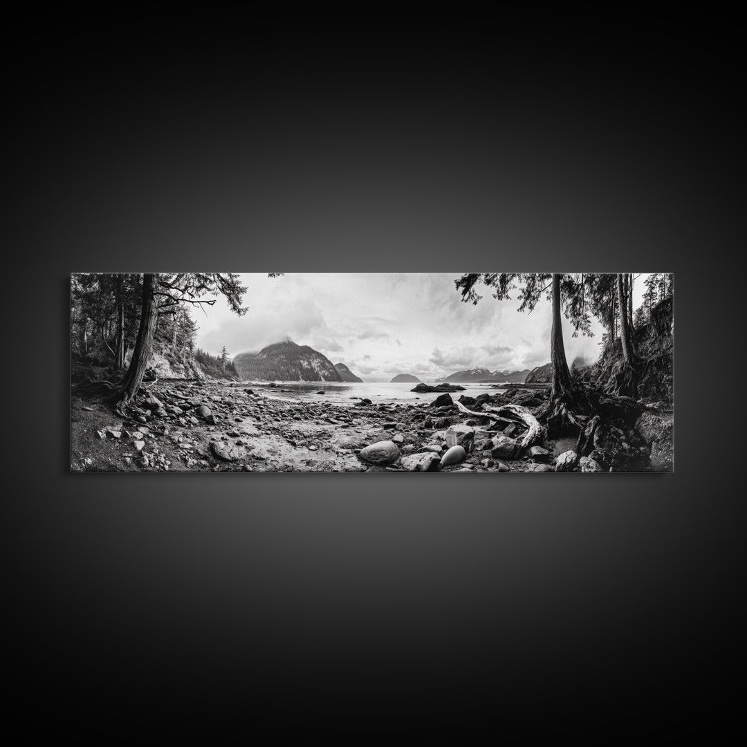 Rocky Shore, Ocean Vista, Misty Wilderness, Framed Canvas Print, Nature Wall Art, Monochrome Landscape, Cabin or Office Decor