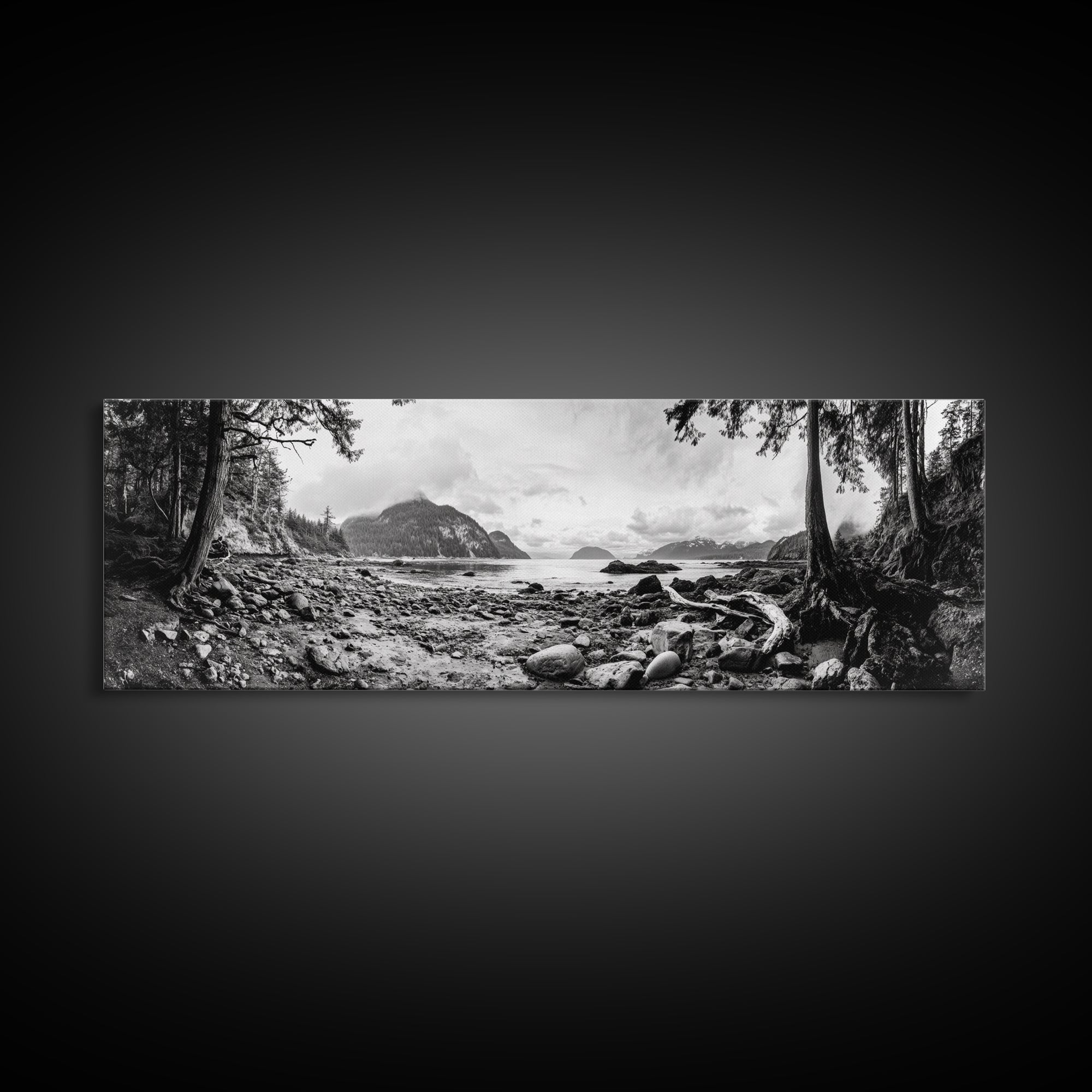 Rocky Shore, Ocean Vista, Misty Wilderness, Framed Canvas Print, Nature Wall Art, Monochrome Landscape, Cabin or Office Decor