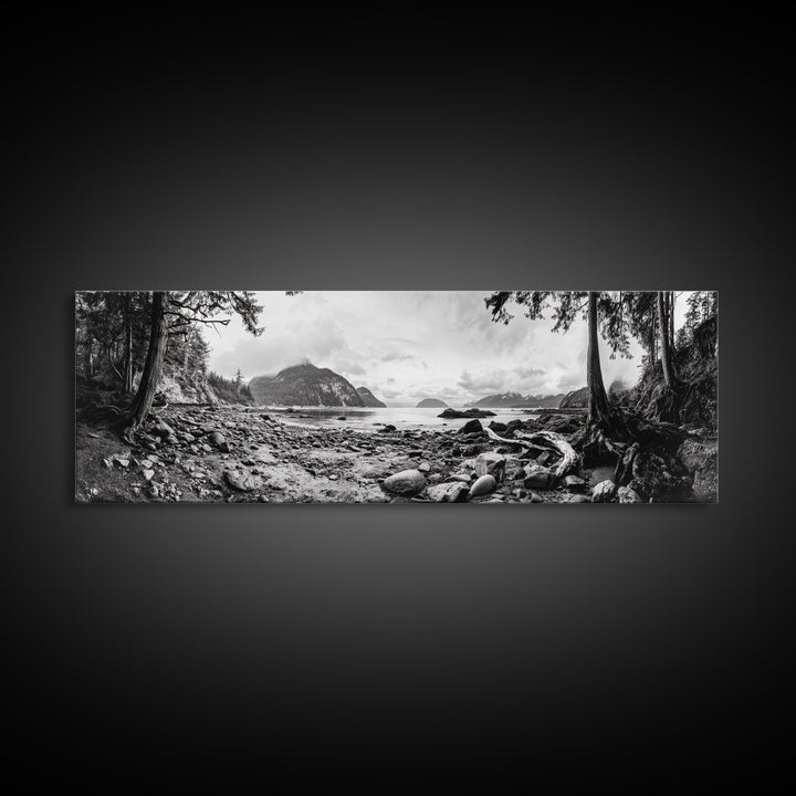 Rocky Shore, Ocean Vista, Misty Wilderness, Framed Canvas Print, Nature Wall Art, Monochrome Landscape, Cabin or Office Decor