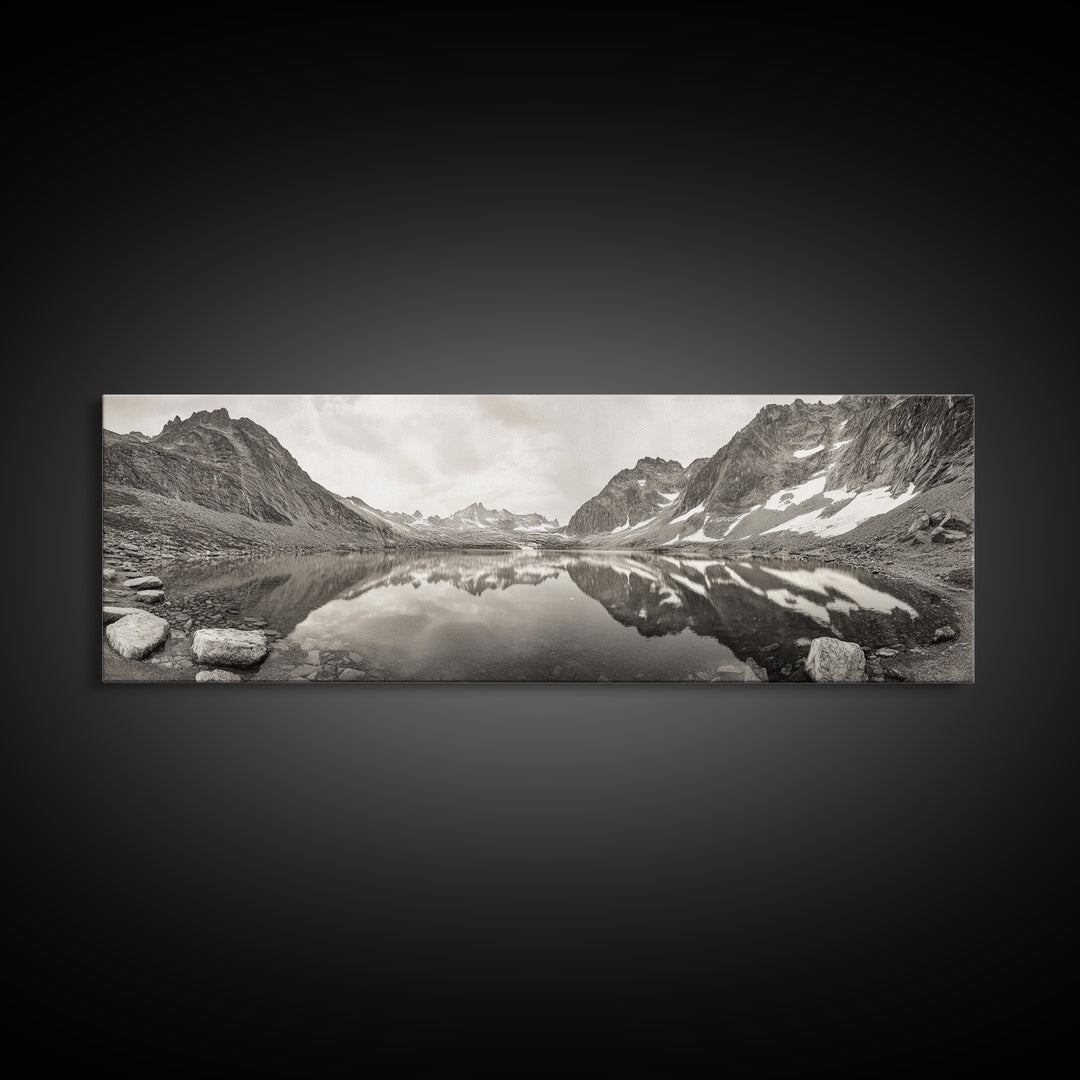 Alpine Reflection, Snowy Peaks, Tranquil Water, Framed Canvas Print, Nature Photography, Minimalist Wall Art, Bedroom or Office Decor