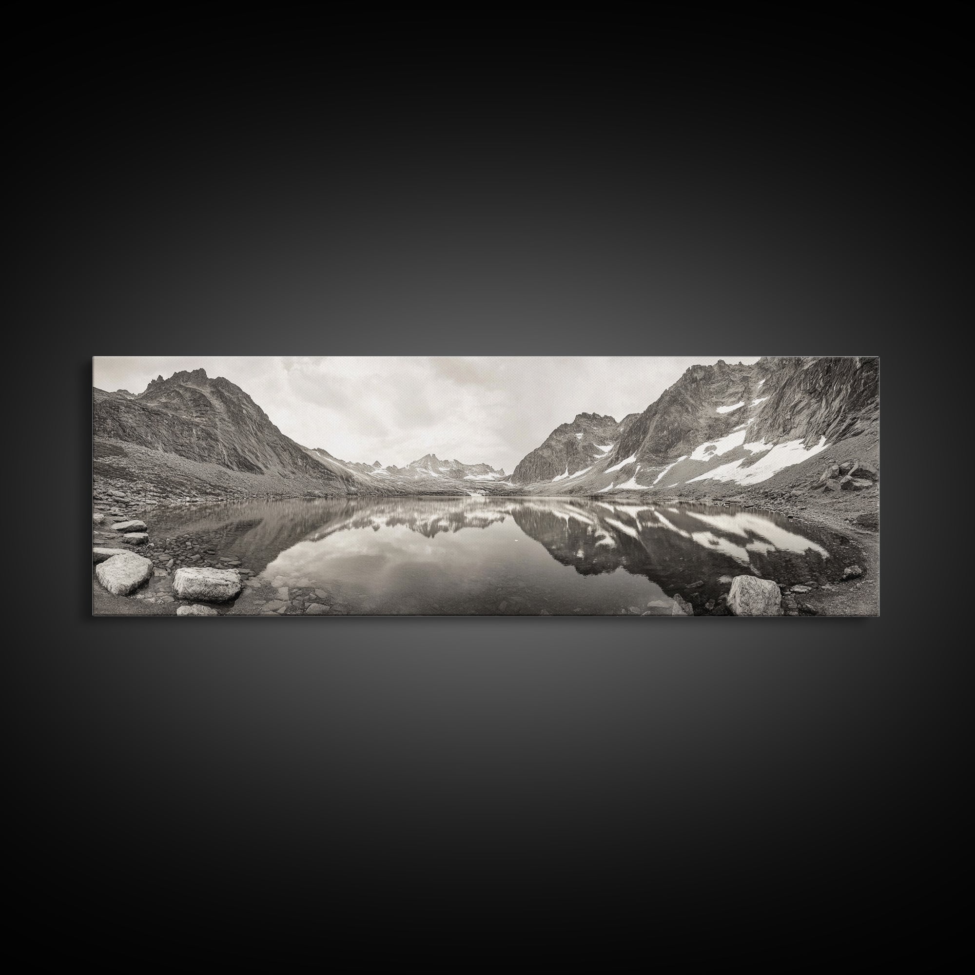 Alpine Reflection, Snowy Peaks, Tranquil Water, Framed Canvas Print, Nature Photography, Minimalist Wall Art, Bedroom or Office Decor