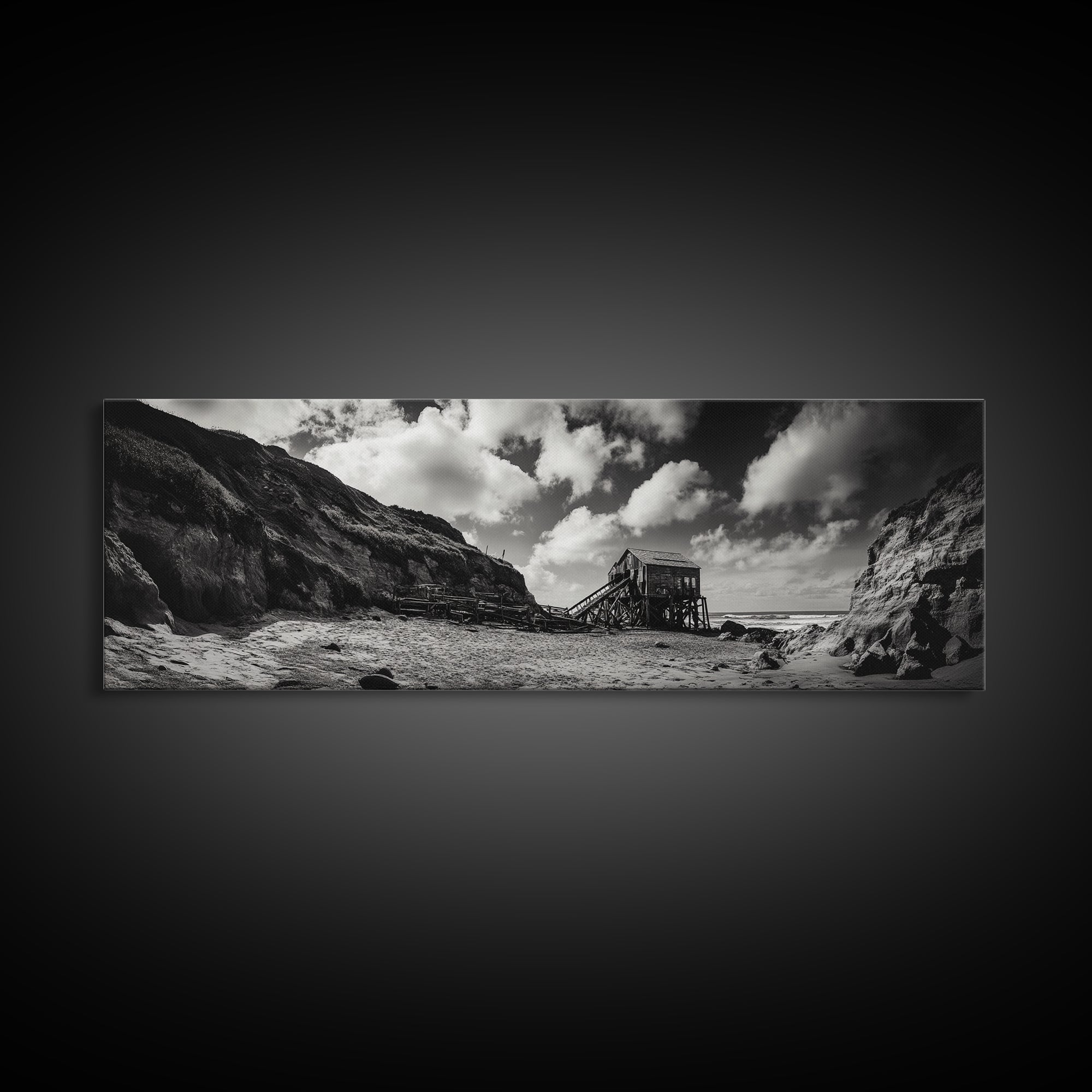 Cliff House, Ocean Cabin, Windy Coast, Framed Canvas Print, Moody Landscape Art, Rustic Wall Decor, Autumn Entryway Art