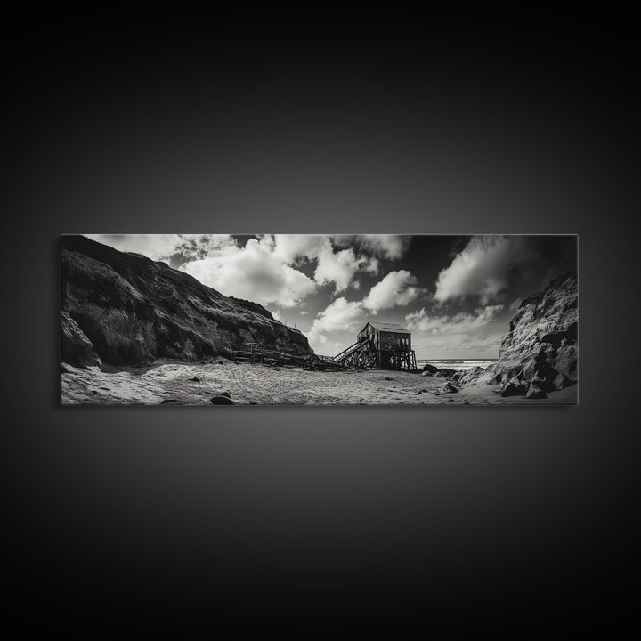 Cliff House, Ocean Cabin, Windy Coast, Framed Canvas Print, Moody Landscape Art, Rustic Wall Decor, Autumn Entryway Art