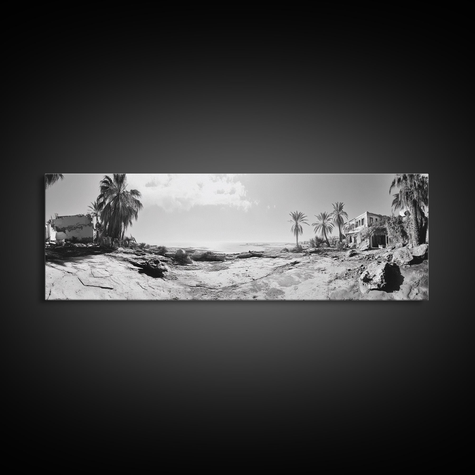 Desert Coast, Palm Ruins, Forgotten Beach, Framed Canvas Print, Surreal Photography, Boho Living Room Art, Coastal Wall Decor