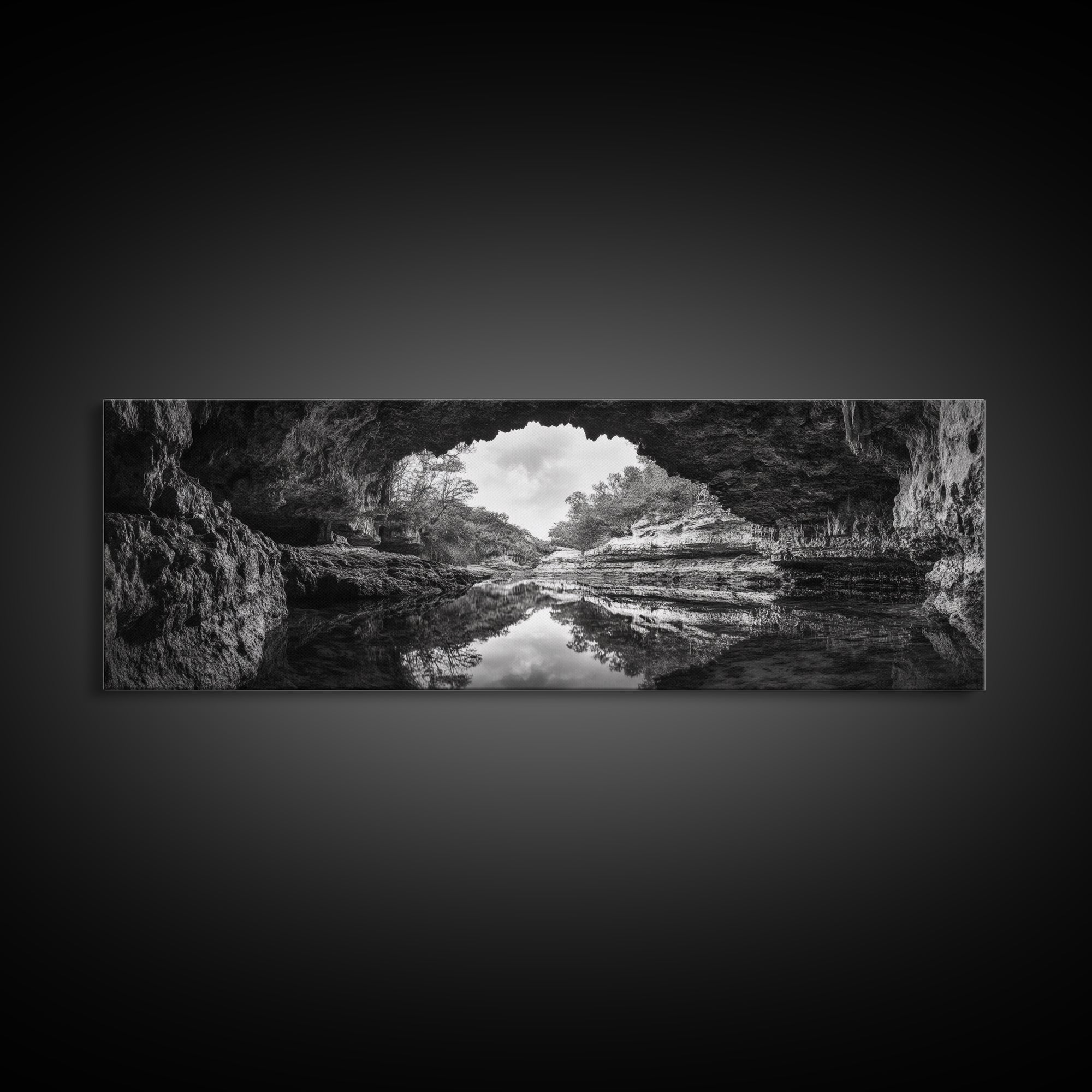 Cave Opening, Reflected Water, Nature Frame, Canvas Print, Monochrome Landscape, Natural Wall Art, Earthy Bathroom Art, Den Decor