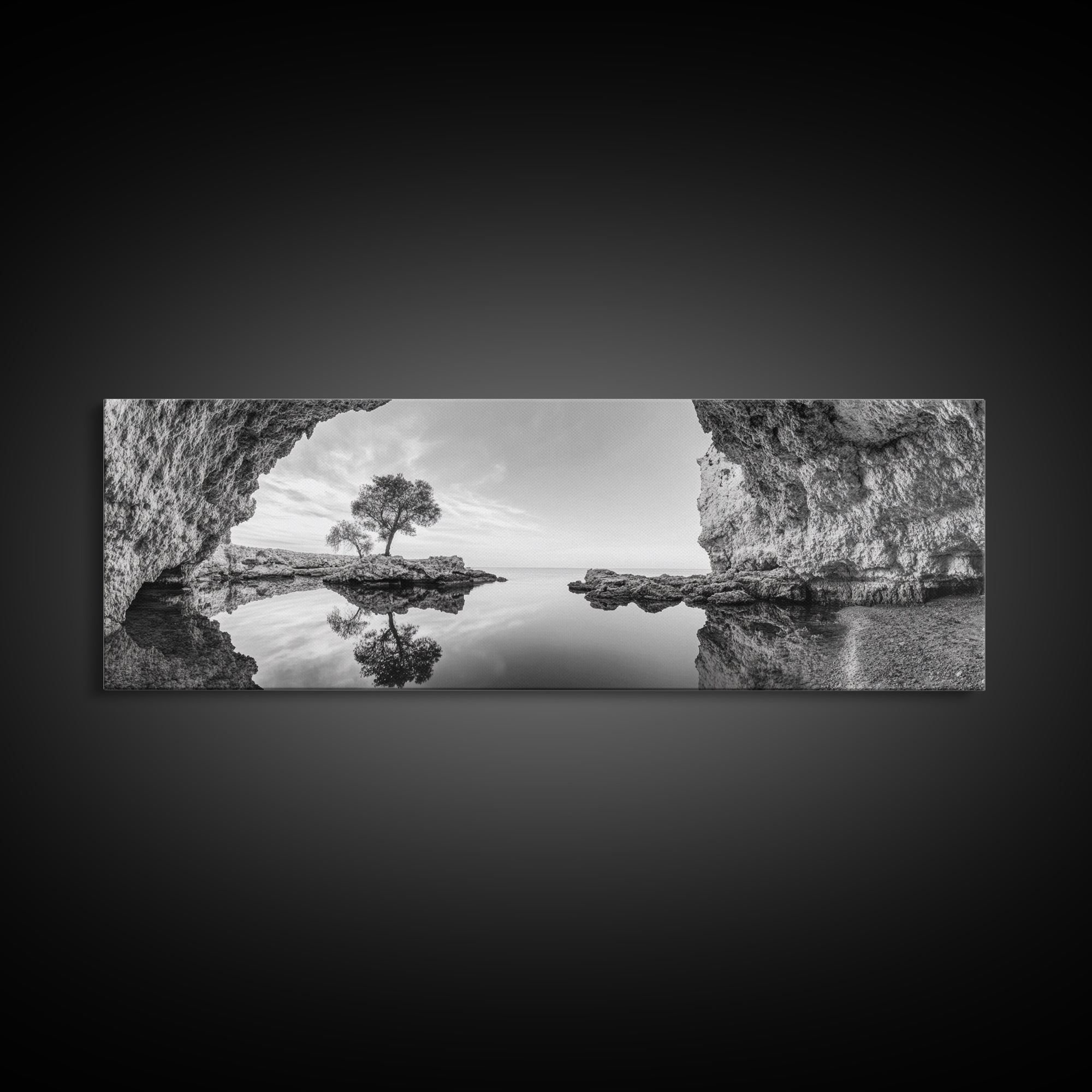 Coastal Cave, Reflection Landscape, Nature Calm, Framed Canvas Print, minimalist ocean wall decor, tranquil tree photography, zen entryway art