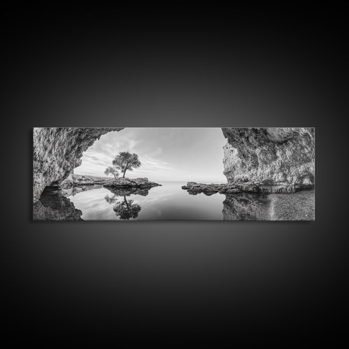 Coastal Cave, Reflection Landscape, Nature Calm, Framed Canvas Print, minimalist ocean wall decor, tranquil tree photography, zen entryway art