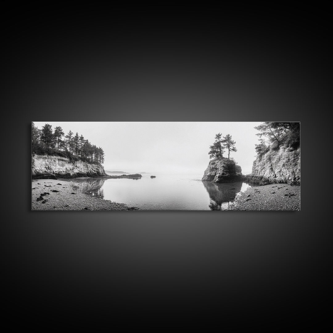 Forest Cove, Serene Shoreline, Calm Reflections, Canvas Print, peaceful nature wall art, neutral tones decor, minimalist bathroom artwork