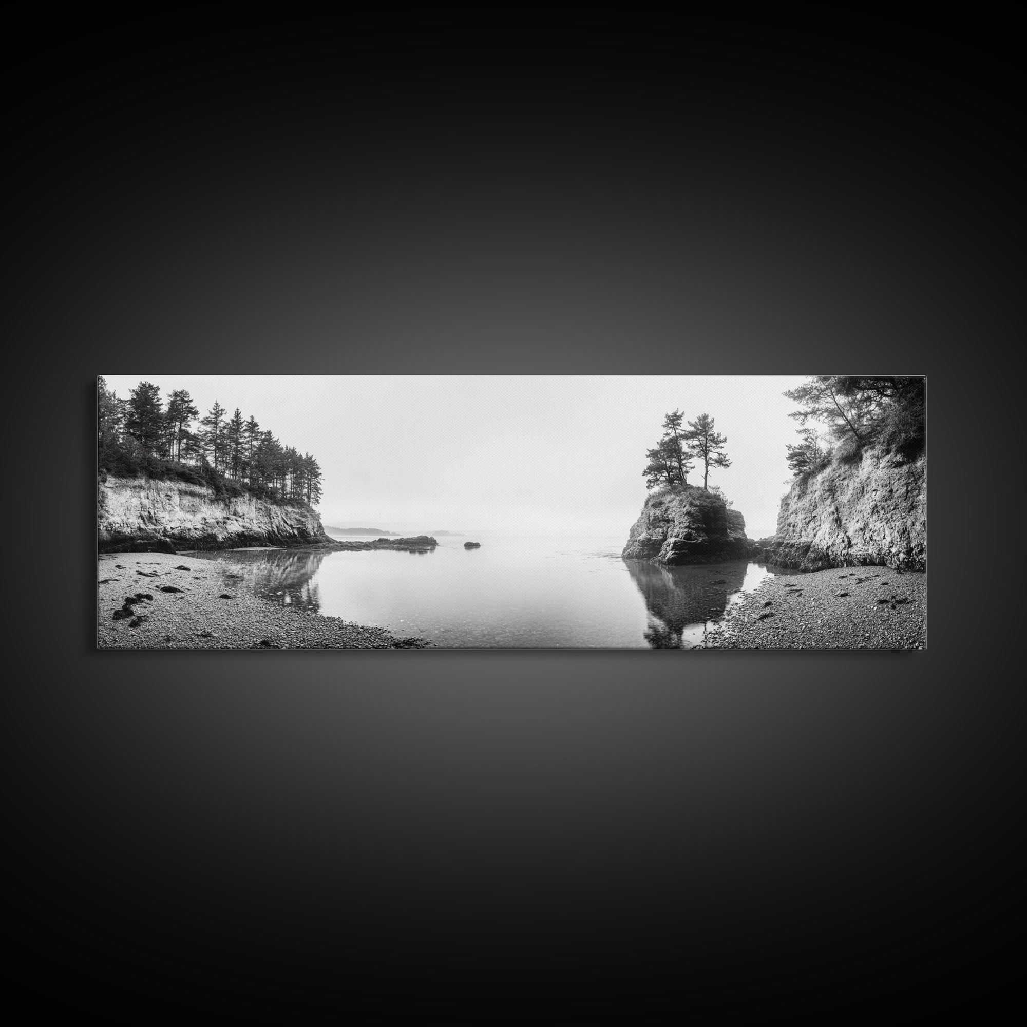 Forest Cove, Serene Shoreline, Calm Reflections, Canvas Print, peaceful nature wall art, neutral tones decor, minimalist bathroom artwork