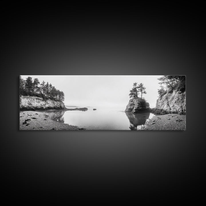 Forest Cove, Serene Shoreline, Calm Reflections, Canvas Print, peaceful nature wall art, neutral tones decor, minimalist bathroom artwork