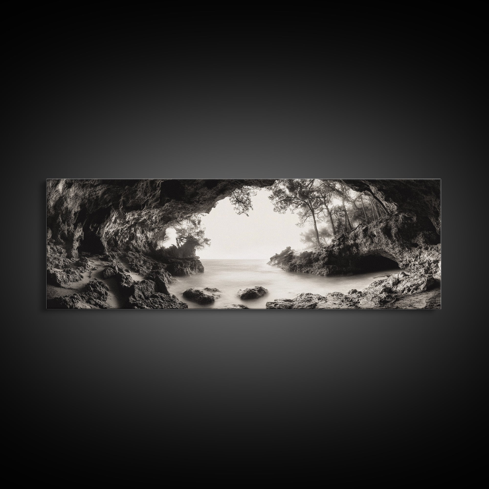 Ocean Cave, Coastal Trees, Natural Light, Canvas Print, tranquil coastal wall art, bedroom boho decor, dreamy nature scene artwork