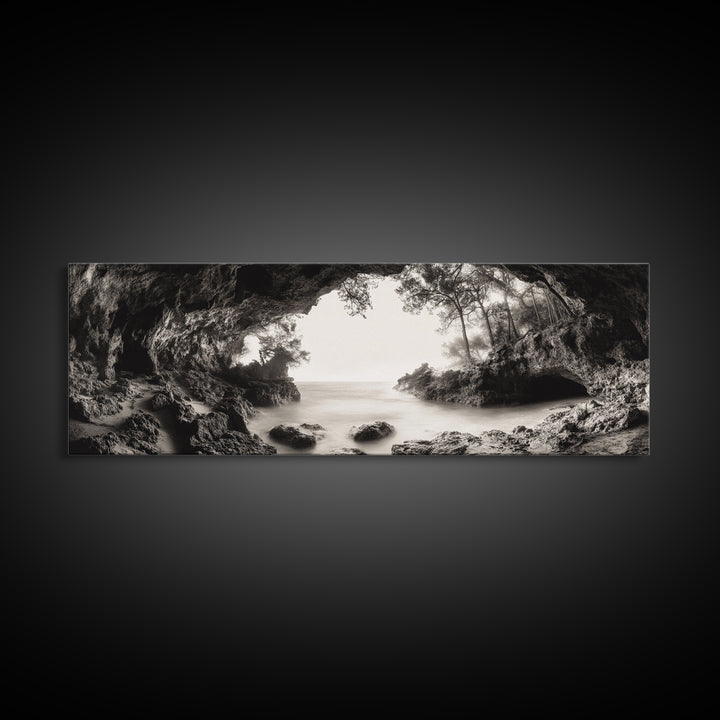 Ocean Cave, Coastal Trees, Natural Light, Canvas Print, tranquil coastal wall art, bedroom boho decor, dreamy nature scene artwork