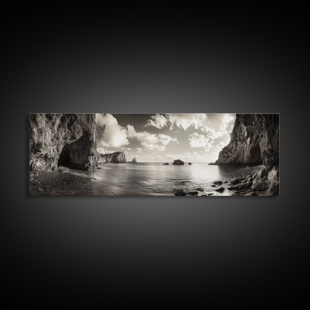 Coastal Cliffs, Ocean Horizon, Dramatic Sky, Framed Canvas Print, neutral living room decor, seascape photography, rustic modern wall art