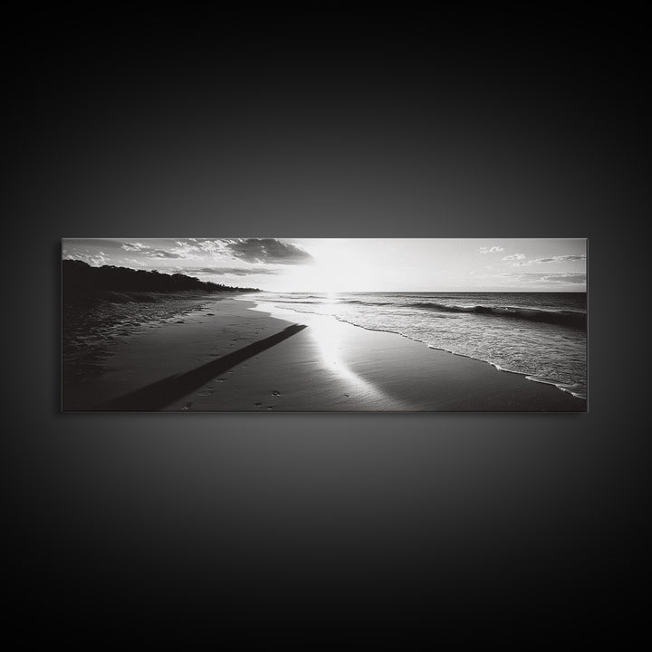 Beach Horizon, Sunset Shoreline, Ocean Reflections, Framed Canvas Print, black and white coastal art, modern bedroom wall decor
