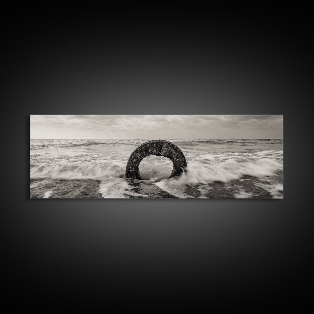 Ocean Ring, Waves Crashing, Sea Sculpture, Framed Canvas Print, unique beach photography, industrial coastal wall art, modern bathroom decor