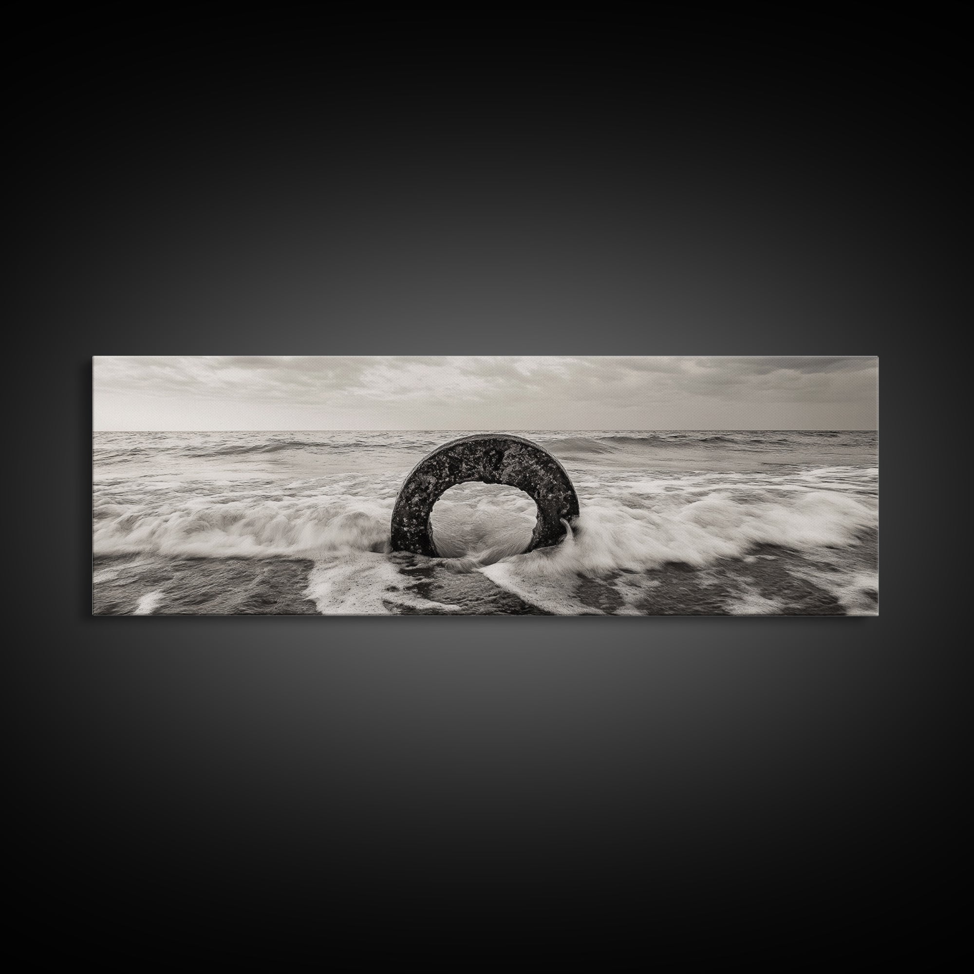 Ocean Ring, Waves Crashing, Sea Sculpture, Framed Canvas Print, unique beach photography, industrial coastal wall art, modern bathroom decor