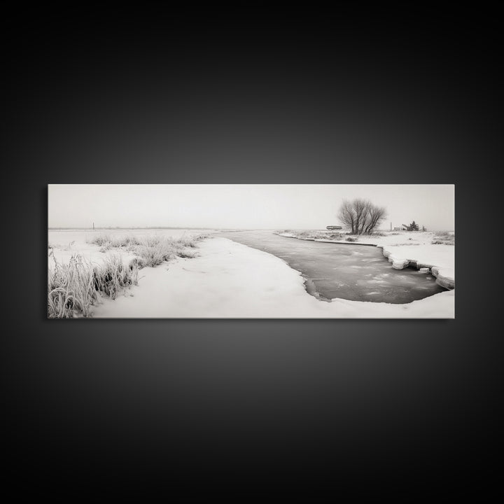Winter River, Frosty Fields, Minimalist Landscape, Canvas Print, Modern neutral art, Rustic home decor, Entryway wall art, Scandinavian vibe