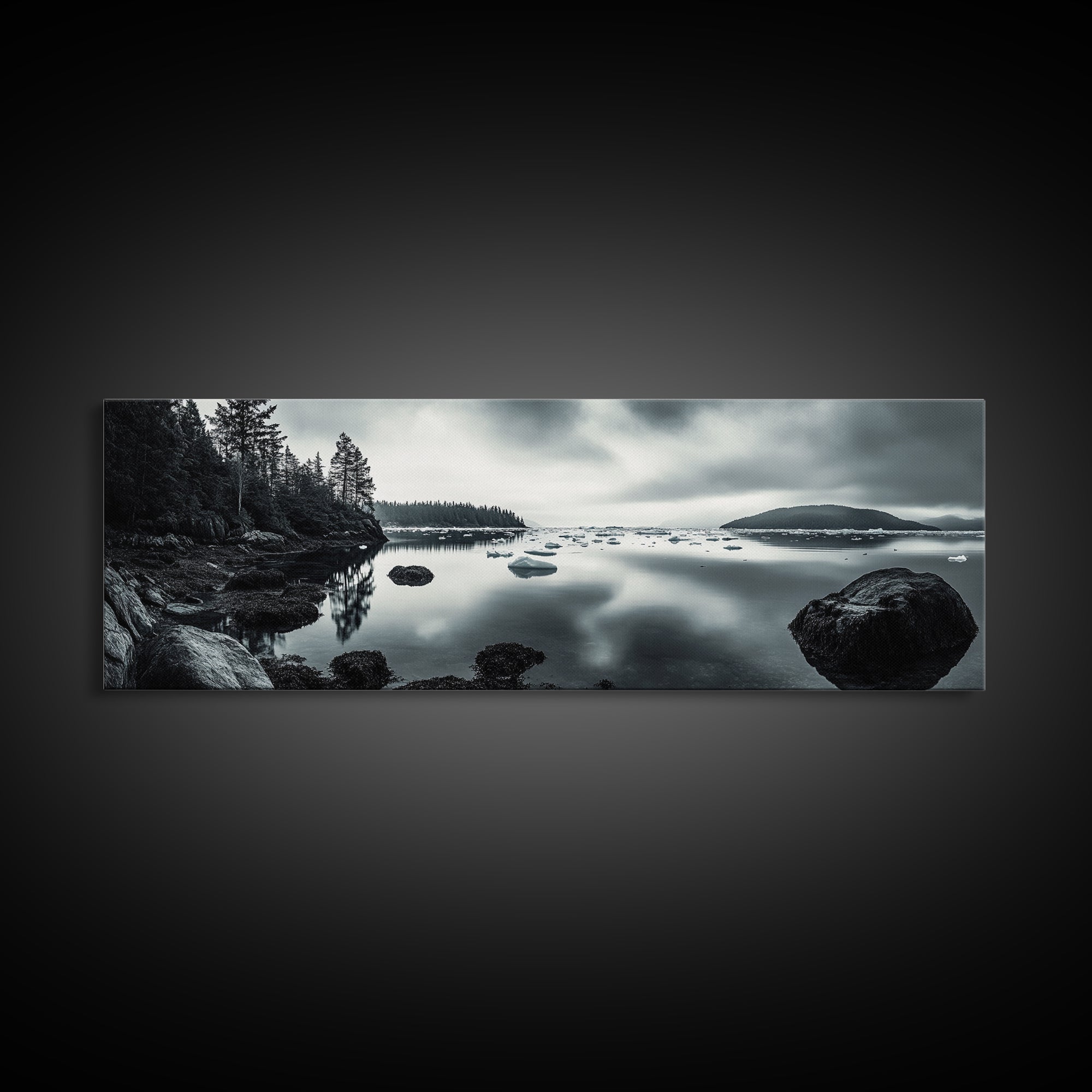 Arctic Shore, Ice Reflections, Northern Coastline, Framed Canvas Print, Moody ocean art, Coastal decor, Living room wall art, Monochrome nature