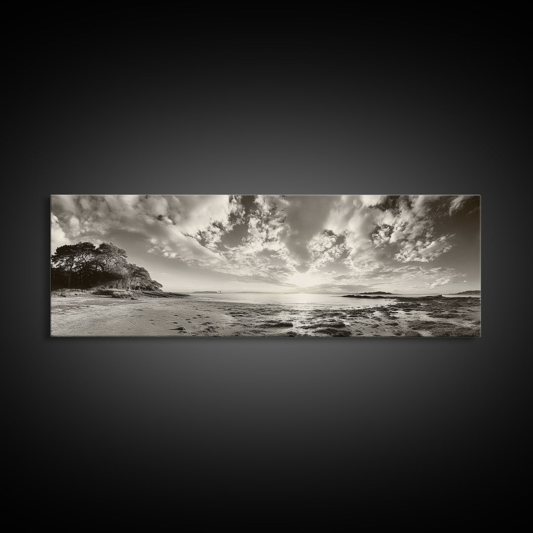 Coastal Sunrise, Expansive Sky, Cloudy Horizon, Framed Canvas Print, Earthy tone art, Beach house decor, Bedroom wall print, Serene landscape