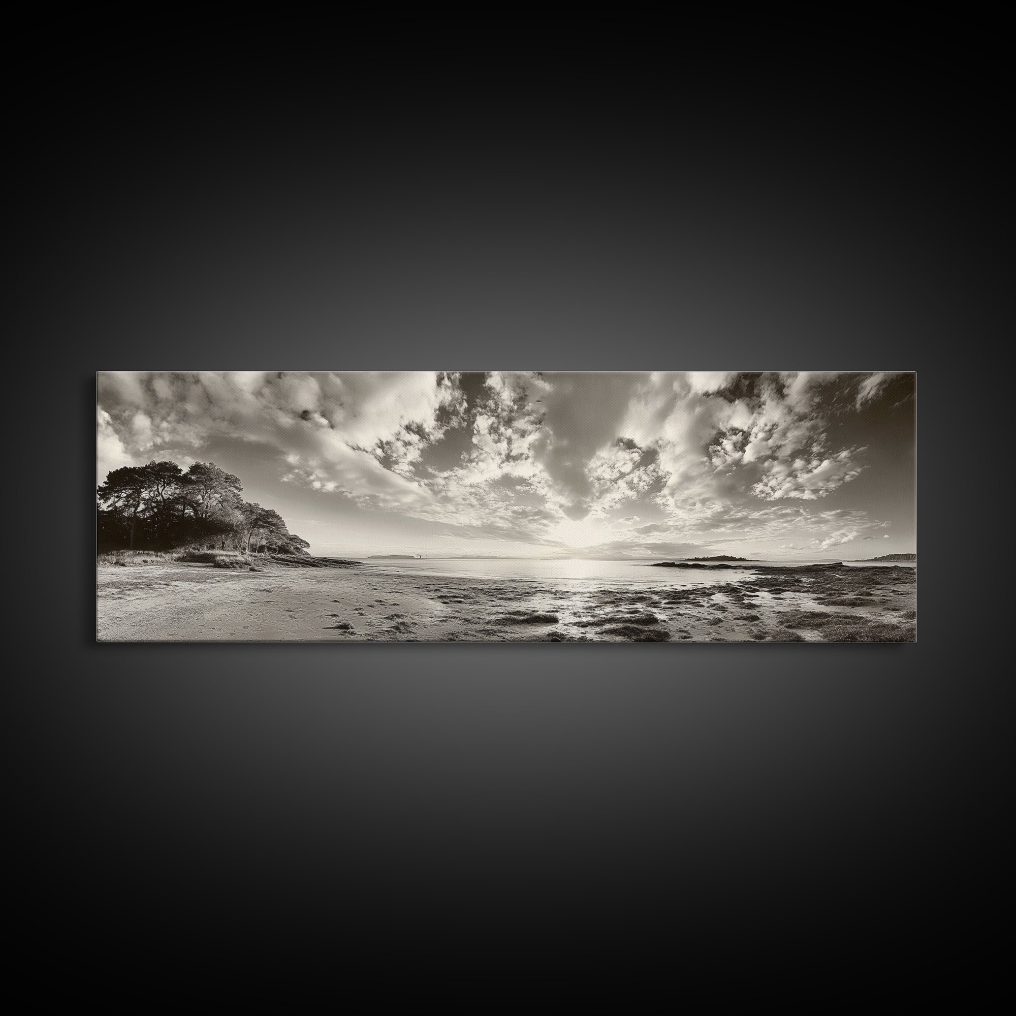 Coastal Sunrise, Expansive Sky, Cloudy Horizon, Framed Canvas Print, Earthy tone art, Beach house decor, Bedroom wall print, Serene landscape