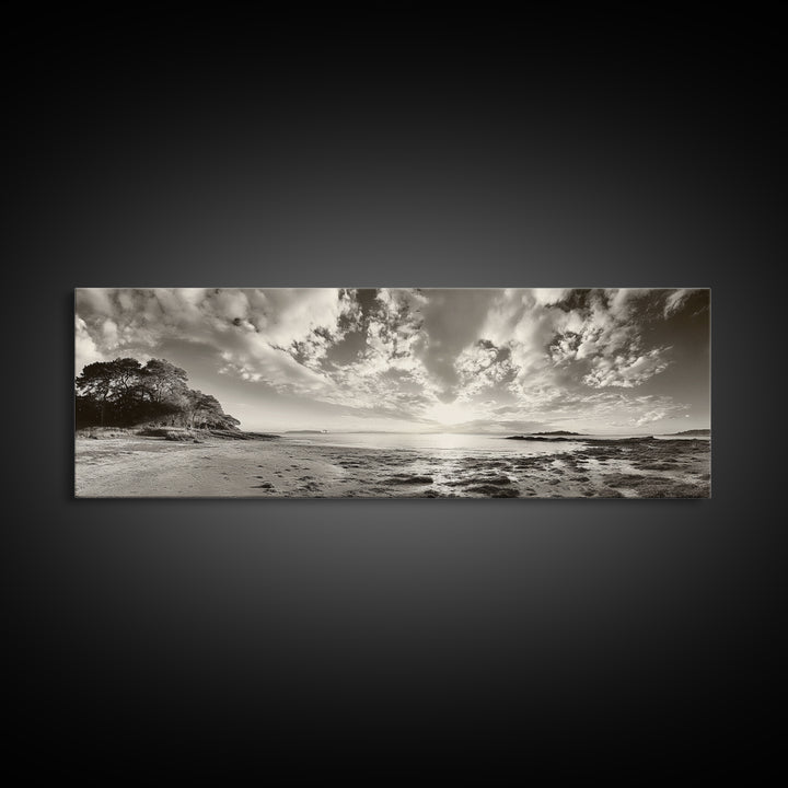 Coastal Sunrise, Expansive Sky, Cloudy Horizon, Framed Canvas Print, Earthy tone art, Beach house decor, Bedroom wall print, Serene landscape