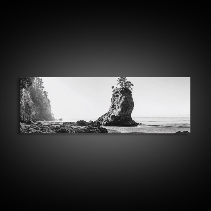 Sea Stack, Rugged Coast, Ocean Cliffside, Framed Canvas Print, Coastal landscape, Nature photography, Office wall art, Monochrome design