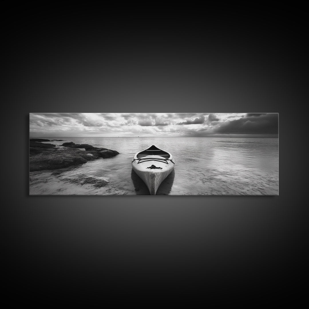 Canoe at Shore, Calm Waters, Peaceful Escape, Framed Canvas Print, Adventure art, Lakehouse decor, Hallway wall piece, Monochrome nature